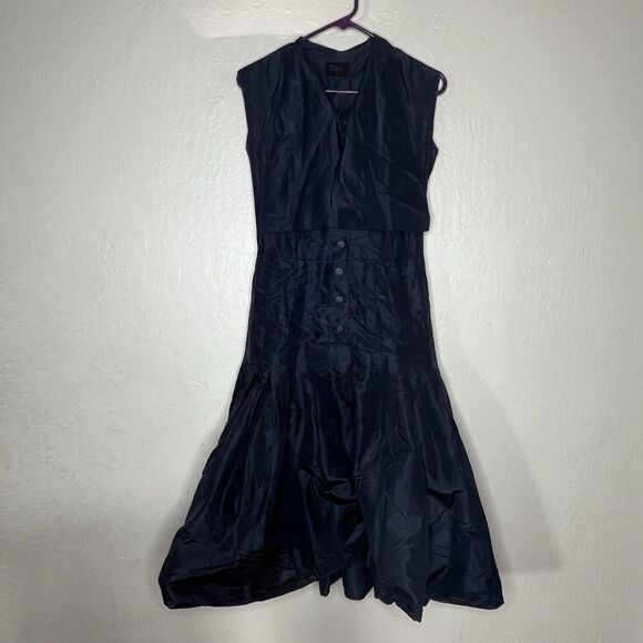 Pauline Trigere Black Drop Waist Button Front Bow Dress Women’s S PLS READ - Picture 1 of 15